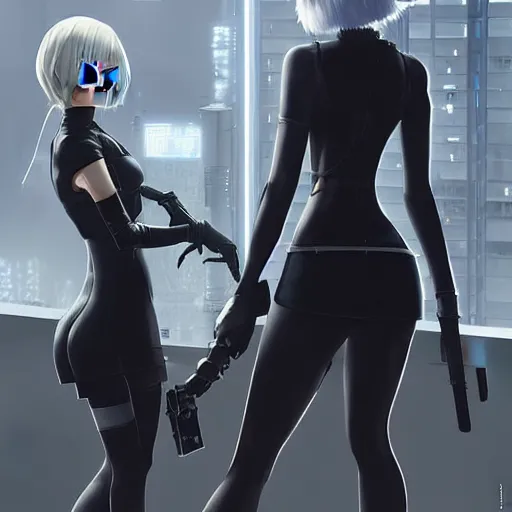 Prompt: realistic render 2 b and 9 s from nier automata by ross draws, futuristic dystopian city by ilya kuvshinov, digital anime art by ross tran, extreme intricate details, composition by sana takeda, lighting by greg rutkowski