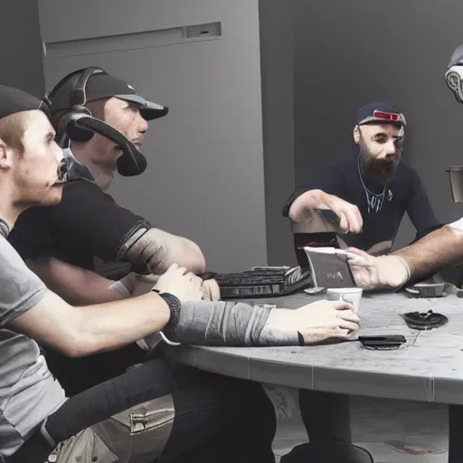 Image similar to photorealistic picture of 5 guys playing counter strike in small room in a team called okayboomers raging and drinking coffee, russia, diversity, grayscale, masterpiece