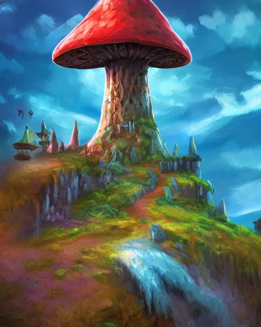 Image similar to flying cloud castle, mushroom buildings, illustration, bright, blue sky, mountains, colorful, cinematic lighting, fantasy, high detail, masterpiece, artstation, 4 k, art by wylie beckert