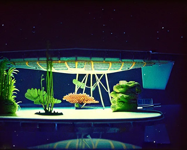 Prompt: low angle shot of a space station at night, aquatic plants, coral, shabby chic, cinematography by Jim Jarmusch, composition by Hale Woodruff, in the style of Ilya Kuvshinov, set design by Antonin Gaudí, 35mm, graflex, color film photography