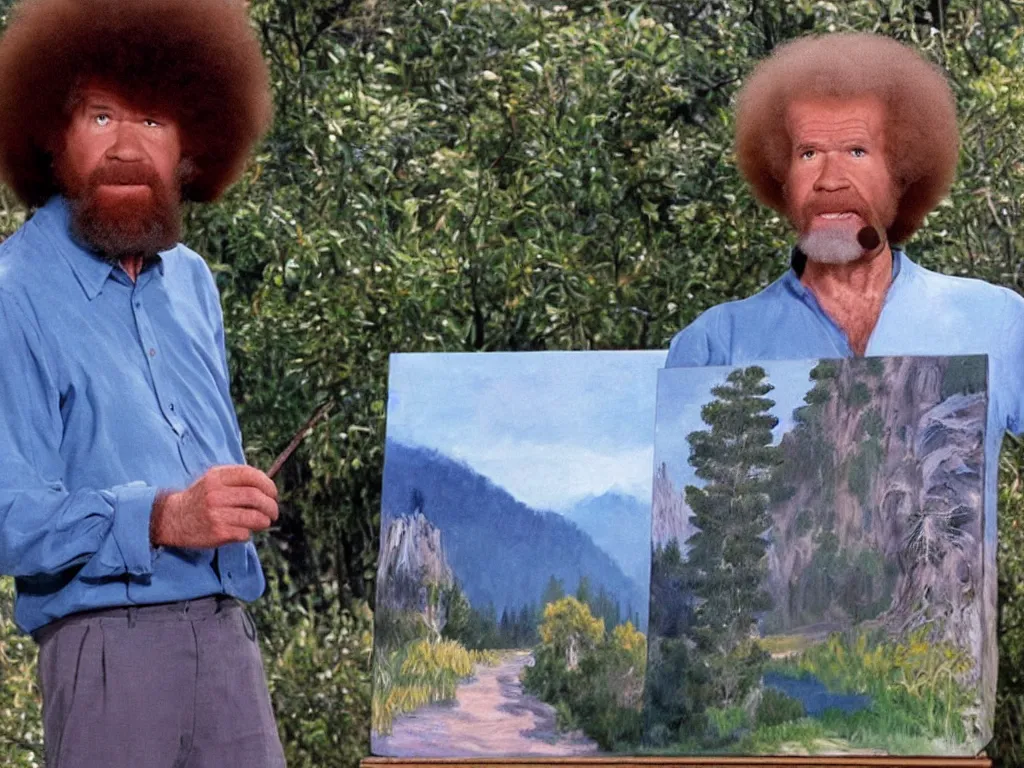 Image similar to old!!!! bob ross is sad and angry and yelling!!! at a huge painting of nature by bob ross