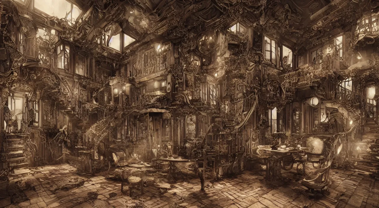 Image similar to dramatic a steampunk house interior by junji ito, hyper detailed, bold smooth lines, octane render, trending on artstation