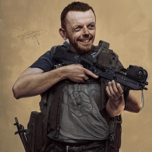 Image similar to portrait painting of smiling simon pegg with a rifle, ultra realistic, concept art, intricate details, eerie, highly detailed, photorealistic, octane render, 8 k, unreal engine. art by artgerm and greg rutkowski and alphonse mucha