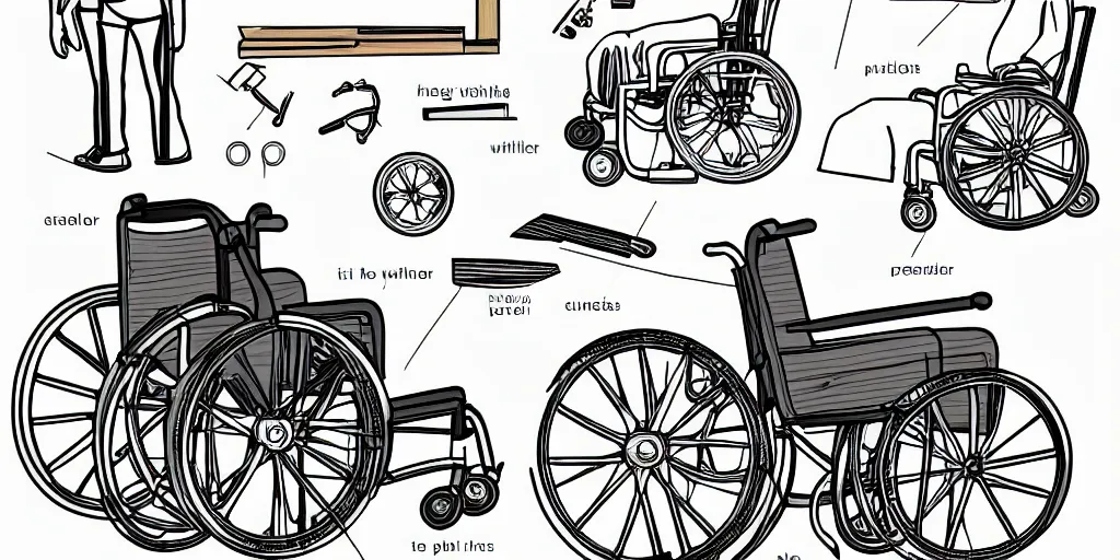 Prompt: how to build a wheelchair out of wood. instructions. step by step. drawings. style of airplane security information images. colored.