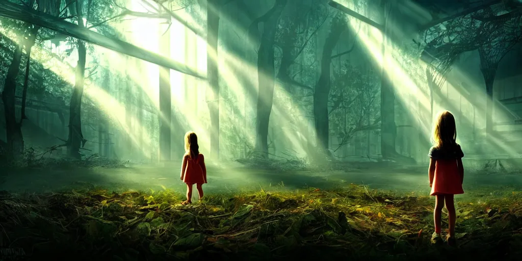 Prompt: sci - fi scene future new york, little girl holding a hand of a big robot, forest punk, crepuscular rays, epic scene, hyper realistic, photo realistic, overgrowth, cinematic atmosphere, ethereal lighting,