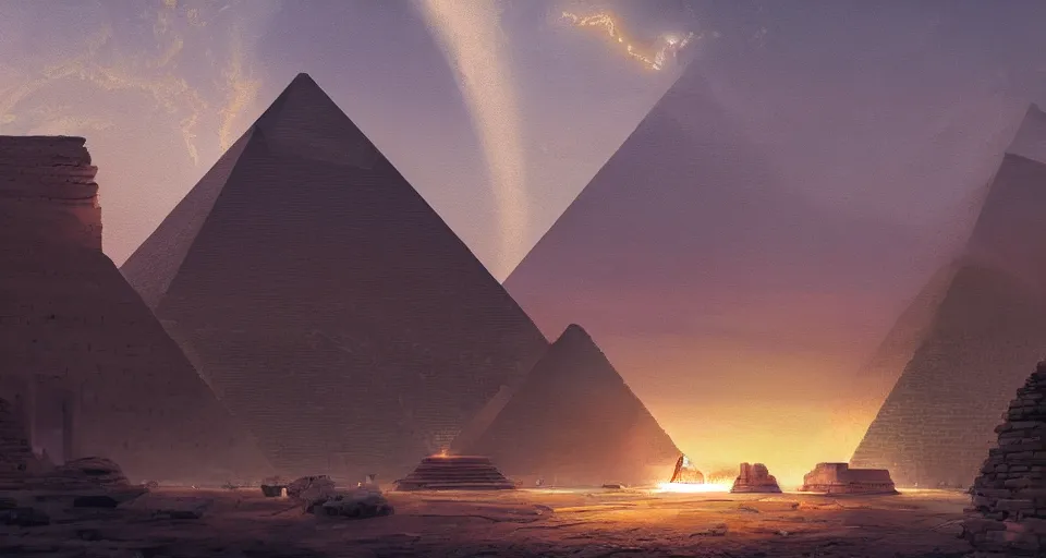 Prompt: an painting of activated star gate portal in giza, by greg rutkowski, octane render, lightbeams, digital art