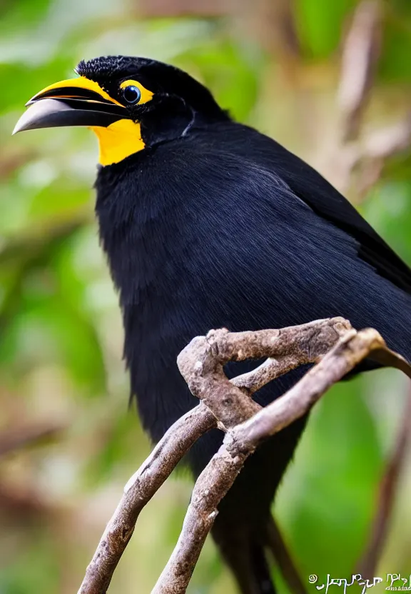 Prompt: exquisite feather detail in this photo of a grosbeak starling or myna, endemic to sulawesi, by jp photography