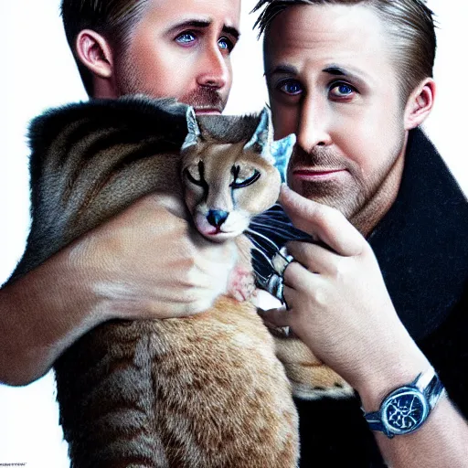 Prompt: Ryan Gosling holds a caracal cat in his hands, ultra highly detailed, smooth, sharp focus, elegant, artstation