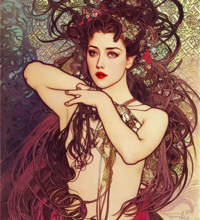 Prompt: detailed portrait of amber heard by alphonse mucha, yoshitaka amano, ayami kojima