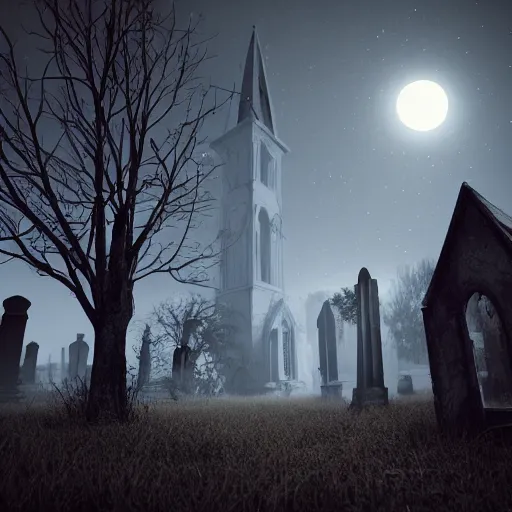 Image similar to ghosts in an old church yard cemetery, night time low light, spooky and scary atmosphere, artstation flames from church windows,