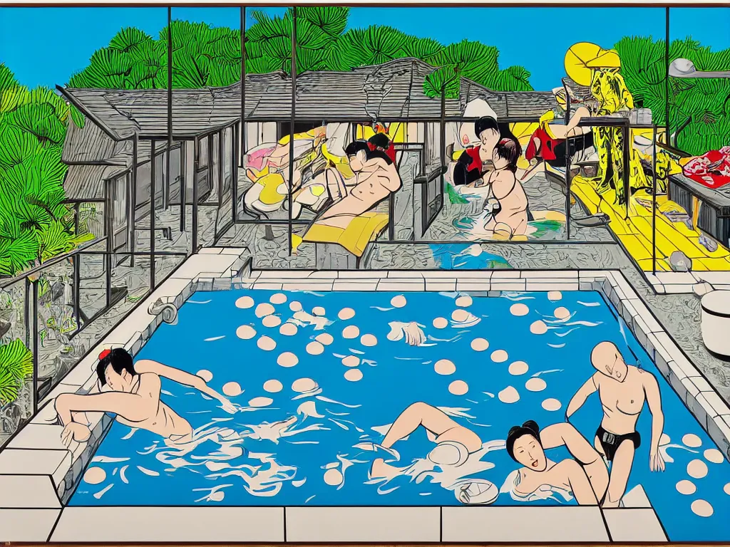 Image similar to hyperrealism composition of the japanese house with a hot springs in the garden, two detailed stormtroopers bathe in a hot spring, pop - art style, jacky tsai style, andy warhol style, roy lichtenstein style, acrylic on canvas