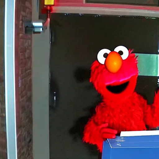 Prompt: disgruntled elmo goes postal, security camera footage, colorized