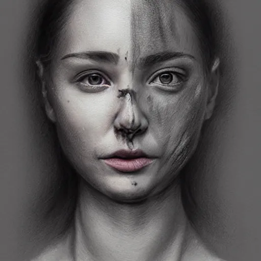 Prompt: a two people's face blending together!!!!!!, photorealistic art style, charcoal drawing by richard mortensen, matte drawing, hyper realism, zbrush, mannerism