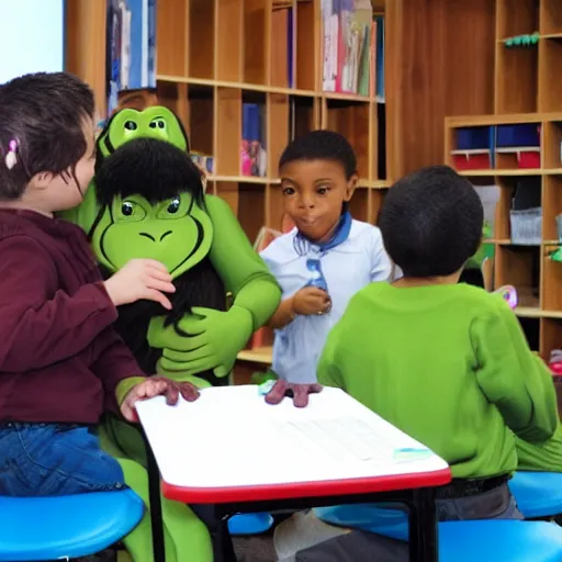 Prompt: happy ape professor teaching frogs in a class room