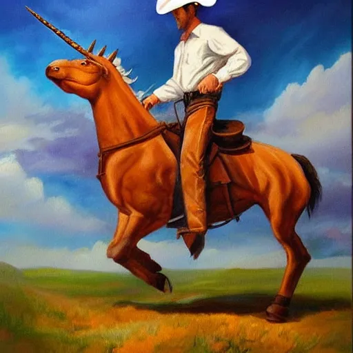 Prompt: a painting of a cowboy riding a unicorn.