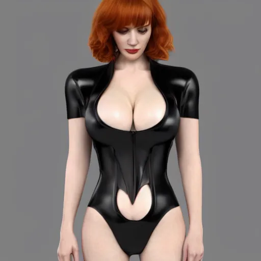 Image similar to 3 d render of christina hendricks in black leather bodysuit, smooth, intricate, octane, reflects, ultra detailed, sharp focus, symmetry