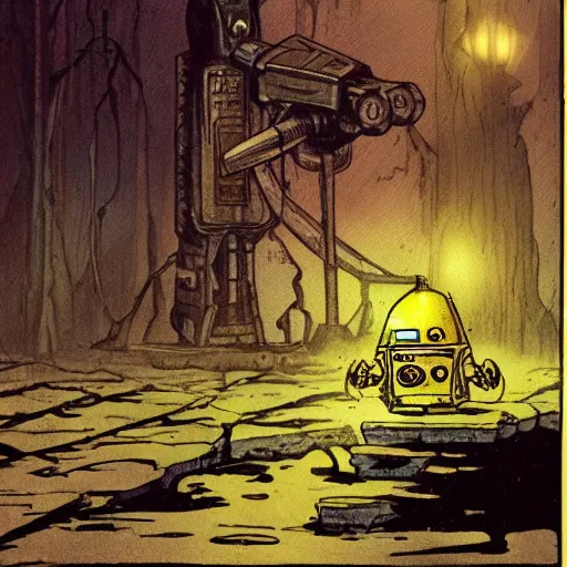 Prompt: illustration of a small and rusty observation droid in a swamp by don bluth, eerie atmosphere, fog, cinematic lighting, pulp adventure comics