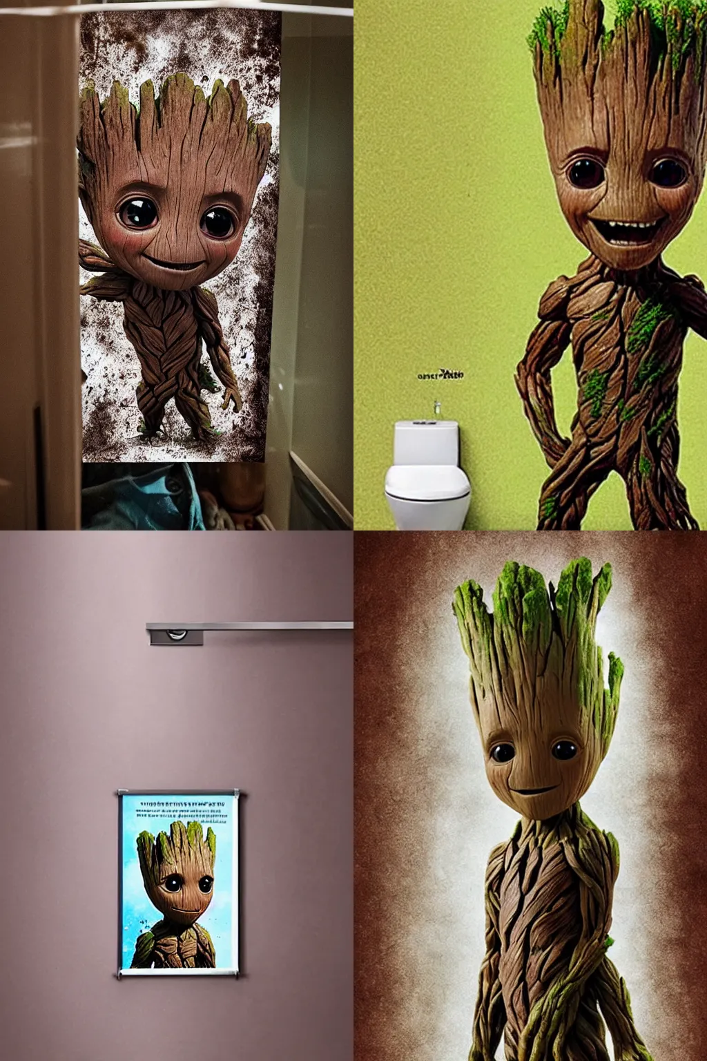 Prompt: a poster of the little cute Groot takes a bathroom, the Groot is half covered with water, by disney plus