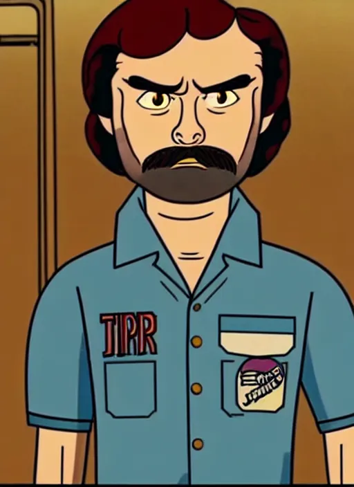 Prompt: still of jim hopper from stranger things : the animated series, cartoon screen capture ( 1 9 8 8 ), in the style of g. i. joe ( 1 9 8 3 ), transformers ( 1 9 8 4 ) and masters of the universe ( 1 9 8 3 )