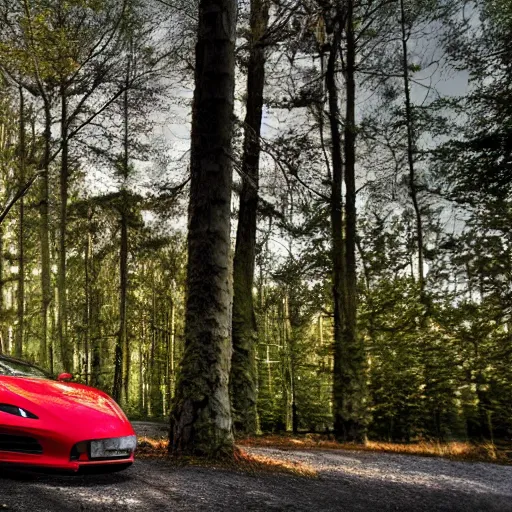 Prompt: a fluffy roadster parking in the forest, warm light, realistic, 4k, hd, highly detailed