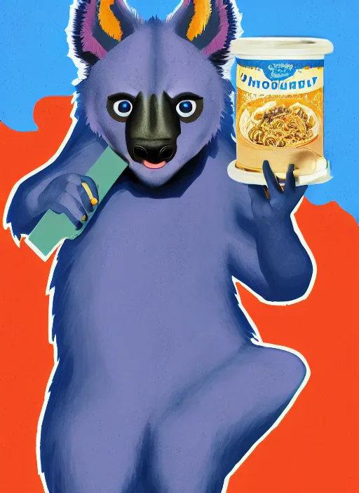 Prompt: An anthropomorphic blue hyena holding a block of ramen