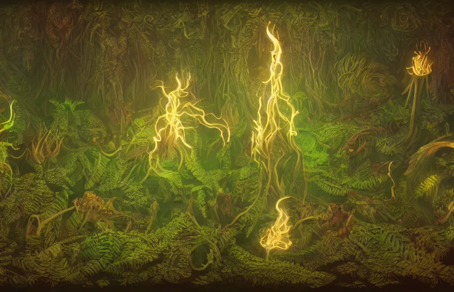 Image similar to shaman, summoning fire / water / light, out of bones / fern / light, green man, misty forest, glowing fungus, cinematic, golden ratio, wavy are the most prompts i used + plenty of variations for building up the details