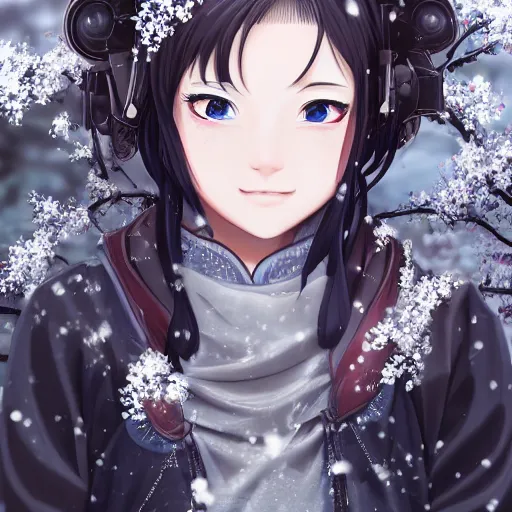 Prompt: a portrait of a techwear hakama princess, beautiful and detailed eyes, with snow forest and cherry blossoms in the background, by kyoto animation, dramatic lighting, manga cover, highly detailed, incredible quality, trending on artstation