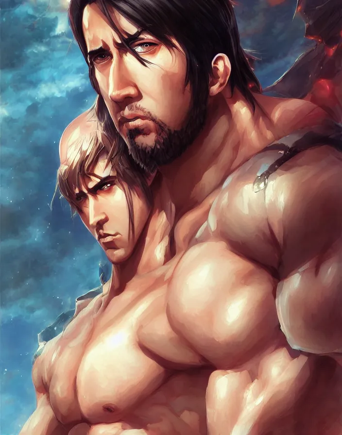 Image similar to anime portrait of nicolas cage as a muscular anime boy by Stanley Artgerm Lau, WLOP, Rossdraws, James Jean, Andrei Riabovitchev, Marc Simonetti, and Sakimichan, trending on artstation