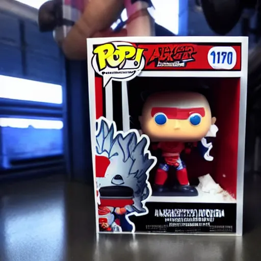 Image similar to akuma street fighter funko pop inside a hydraulic press being crushed