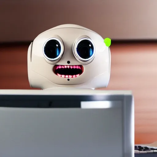 Prompt: Cute pet robot laughs maniacally as it types on a computer, adorable friendly robot, wearing goggles, typing on a computer