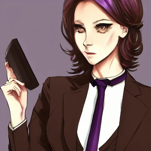 Prompt: woman in black business suit, purple tie, brown neat hair, pixiv, fanbox, trending on artstation, portrait, digital art, modern, sleek, highly detailed, formal, serious, determined, competent, colorized, smooth, charming, pretty, safe for work, thick