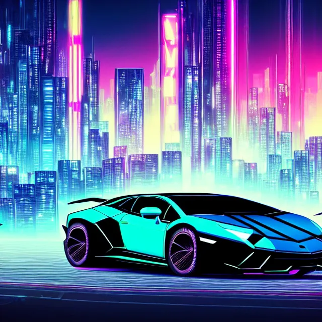 Prompt: epic professional digital art of synthwave lamborghini driving through neon cyberpunk futuristic city towers, mountains in background, intricate, detailed, tron movie style, wlop, pixiv