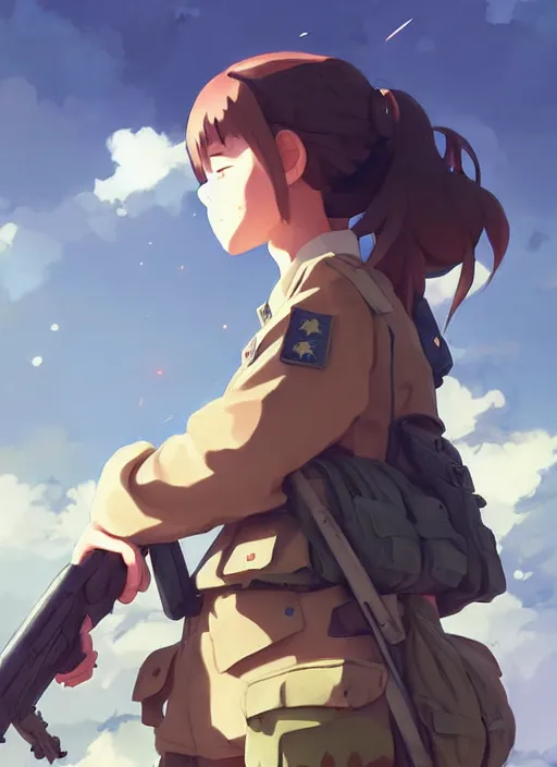 Image similar to portrait of cute soldier girl, cloudy sky background lush landscape illustration concept art anime key visual trending pixiv fanbox by wlop and greg rutkowski and makoto shinkai and studio ghibli and kyoto animation soldier clothing military gear