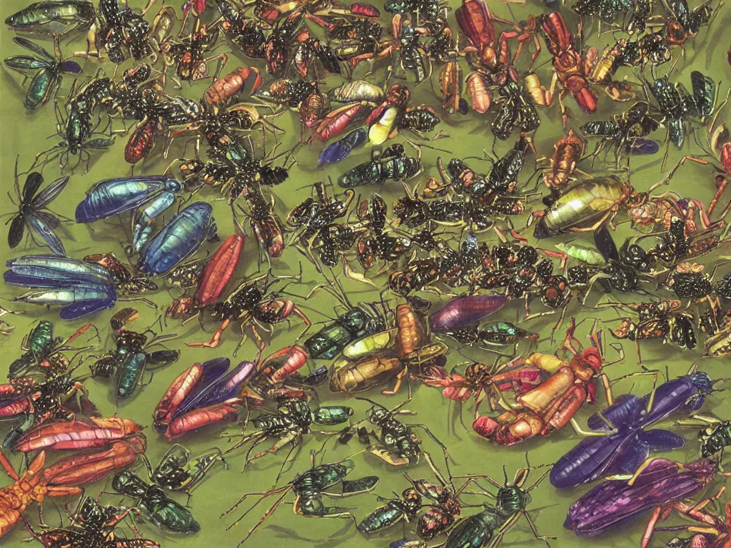 Image similar to Invasion of the iridescent bugs, painting by Walton Ford