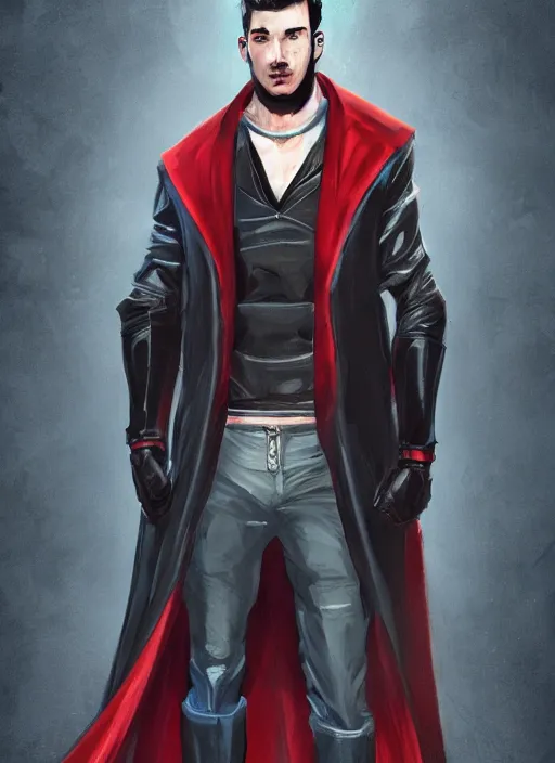 Image similar to An epic fantasy comic book style portrait painting of a young man with black cowlick haircut, wearing black overcoat, red clothes, blue jeans. Unreal 5, DAZ, hyperrealistic, octane render, cosplay, RPG portrait, dynamic lighting