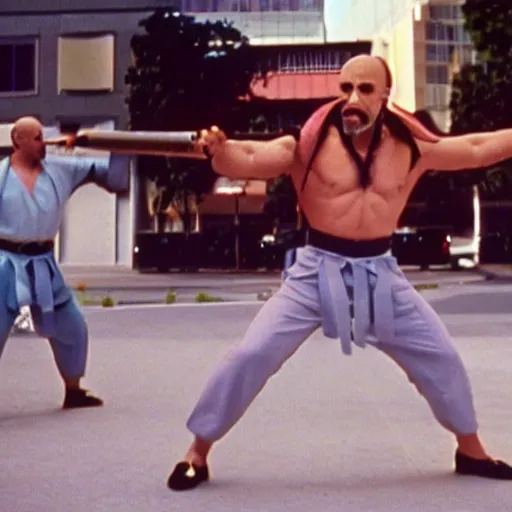 Image similar to Film still of Los Angeles Vice Squad (1990). Epic kung-fu villian scene. Sigma 85mm f/8