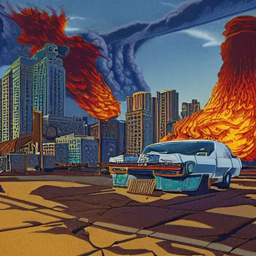 Prompt: Violent by Nature, evil child by Greg Hildebrandt. Gamma rays. Ruined street after nuclear explosion