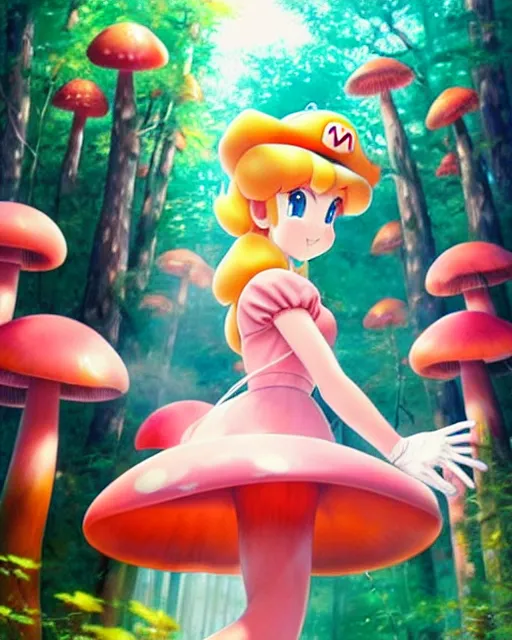 Prompt: princess peach from mario walking through a red and white spotted mushroom forest | | very very anime!!!, fine - face, realistic shaded perfect face, fine details. anime. realistic shaded lighting poster by ilya kuvshinov katsuhiro otomo ghost - in - the - shell, magali villeneuve, artgerm, jeremy lipkin and michael garmash and rob rey