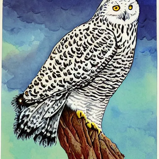 Image similar to snowy owl leopard gryphon, Louis William Wain watercolor,