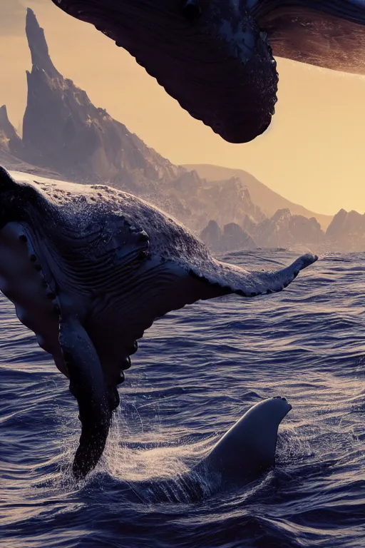 Image similar to whales are speaking on the phones, hypermaximalistic, high details, cinematic, 8k resolution, beautiful detailed, insanely intricate details, artstation trending, octane render, unreal engine