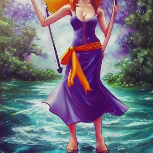 Image similar to beautiful emma watson cosplay as nami from one piece, oil painting, full body.