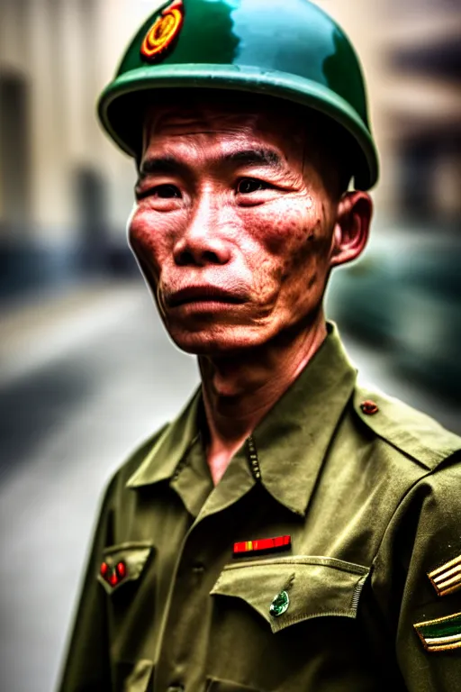 Prompt: vietnam soldier with skateboard, pulitzer award, captured by nikon d 8 5 0, 4 k, body features, face features, bokeh, by daniel berehulak and adnan abidi