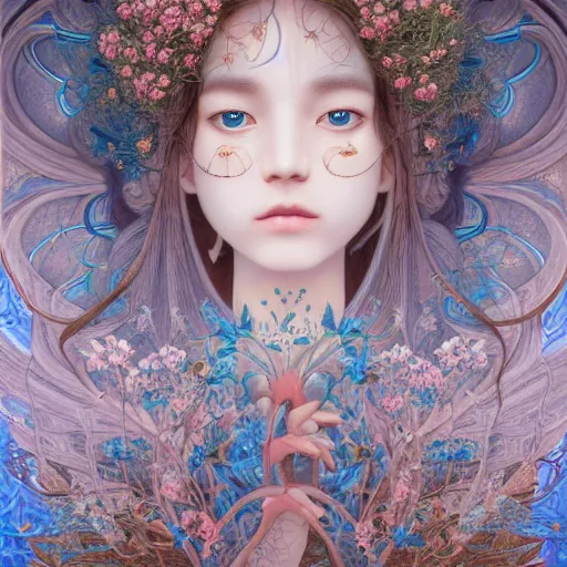 Image similar to breathtaking detailed concept art painting of the goddess of nemophila flowers, orthodox saint, with anxious, piercing eyes, ornate background, amalgamation of leaves and flowers, by Hsiao-Ron Cheng, James jean, Miho Hirano, Hayao Miyazaki, extremely moody lighting, 8K