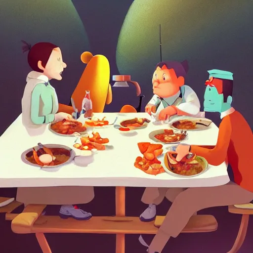 Image similar to goro fujita ilustration hikers eating around a table full of food, painting by goro fujita, sharp focus, highly detailed, artstation