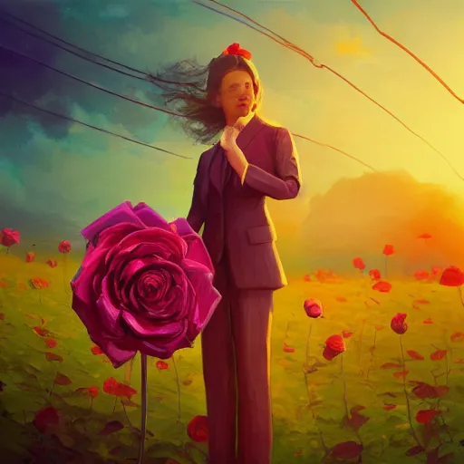 Image similar to closeup, huge rose flower head, frontal, a girl in a suit, surreal photography, sunrise, dramatic light, impressionist painting, digital painting, artstation, simon stalenhag