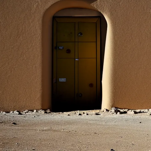 Prompt: a long, ground level shot of a standard door made of metal, the door has a shell made of concrete, facing the camera, set somewhere in nevada desert, barren mountains far away, centered composition, high noon, brightly-lit, yellow cinematic lighting