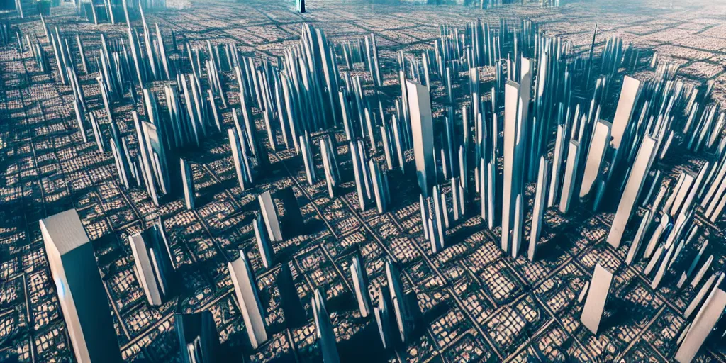 Image similar to areal view of mechanical futuristic utopian brutalist city