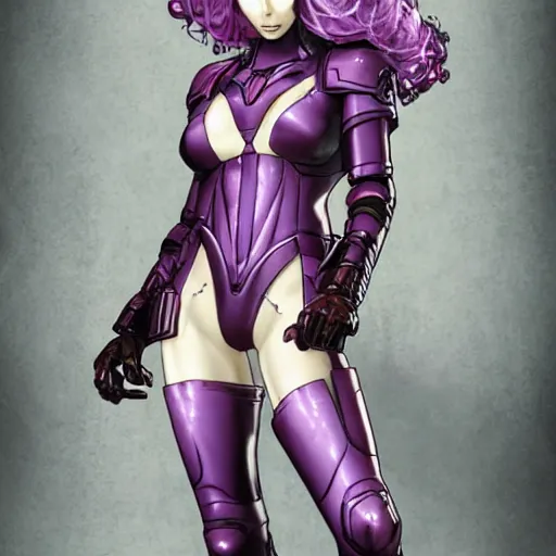 Prompt: pale woman with flowing purple hair in rusted sci - fi power armor, high detail, stoic, elegant, by stjepan sejic, sunstone