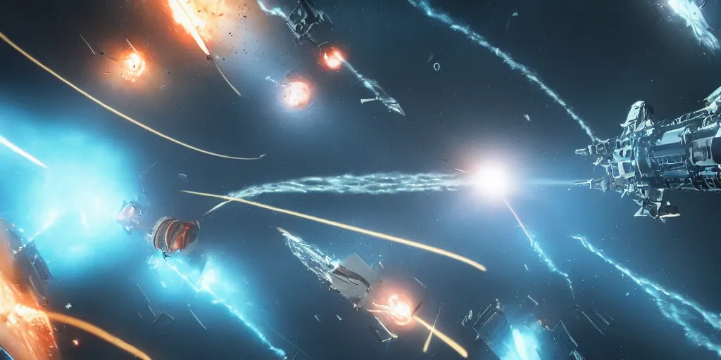 Prompt: spacecraft battle scene, cinematic scifi shot, laser fire, explosions, ultra realistic details, 8 k