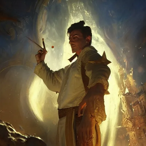 Prompt: stunning male wizard casting his shadow spell, highly detailed painting by gaston bussiere, craig mullins, j. c. leyendecker, 8 k